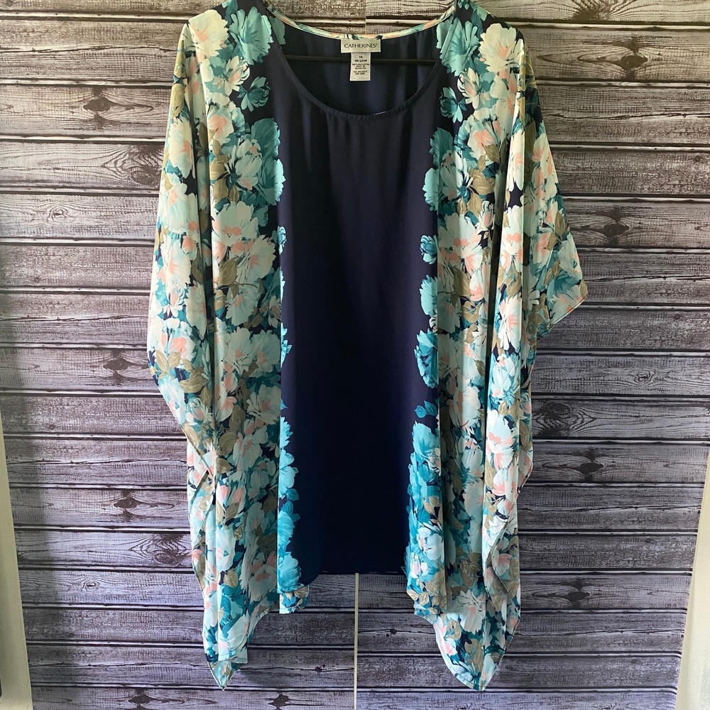 Catherine's Women's Short-Sleeved Blouse Size 1X 18/20W Navy Blue Floral